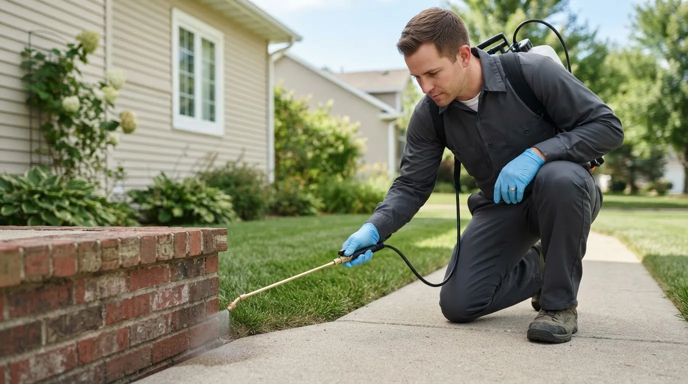 Pest control technician treating a home near Quincy, MA