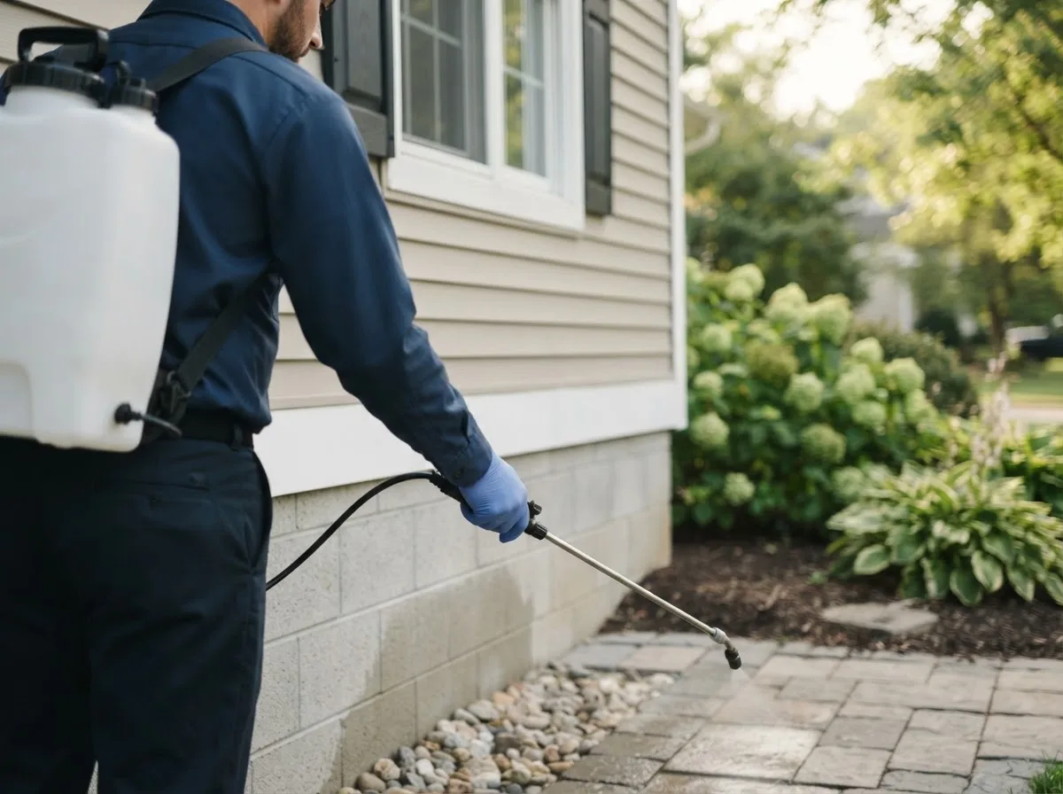 Pest control technician inspecting a home in Quincy, MA